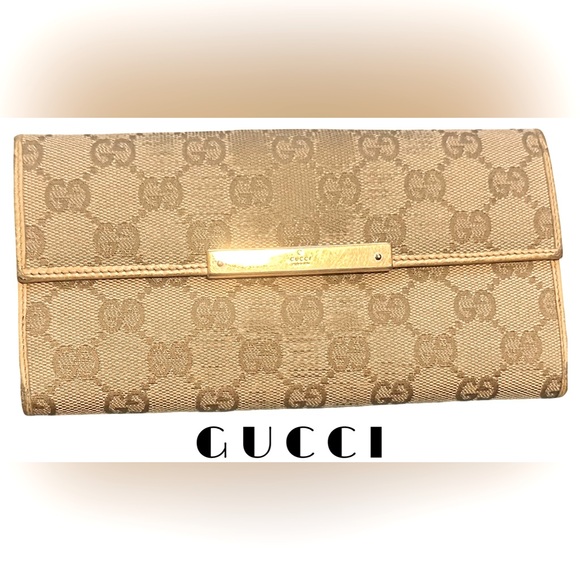 Gucci Handbags - ⭐️♥️ GUCCI♥️⭐️Mustard Yellow Light Beige Leather Canvas Long Wallet